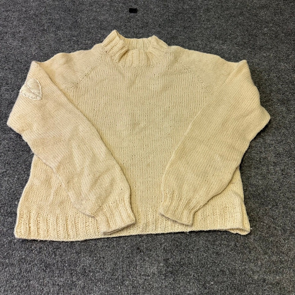 Unbranded Sweater Womens Size M Cream Hand Knit Wool Blend Mock Neck Leaf Detail